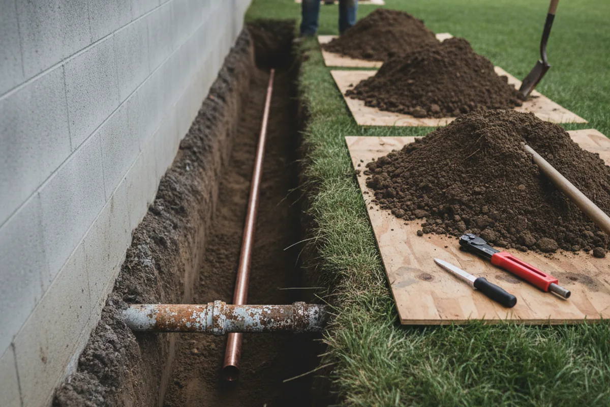 Excavated water line trench during Sewer Line Repair in Bostwick